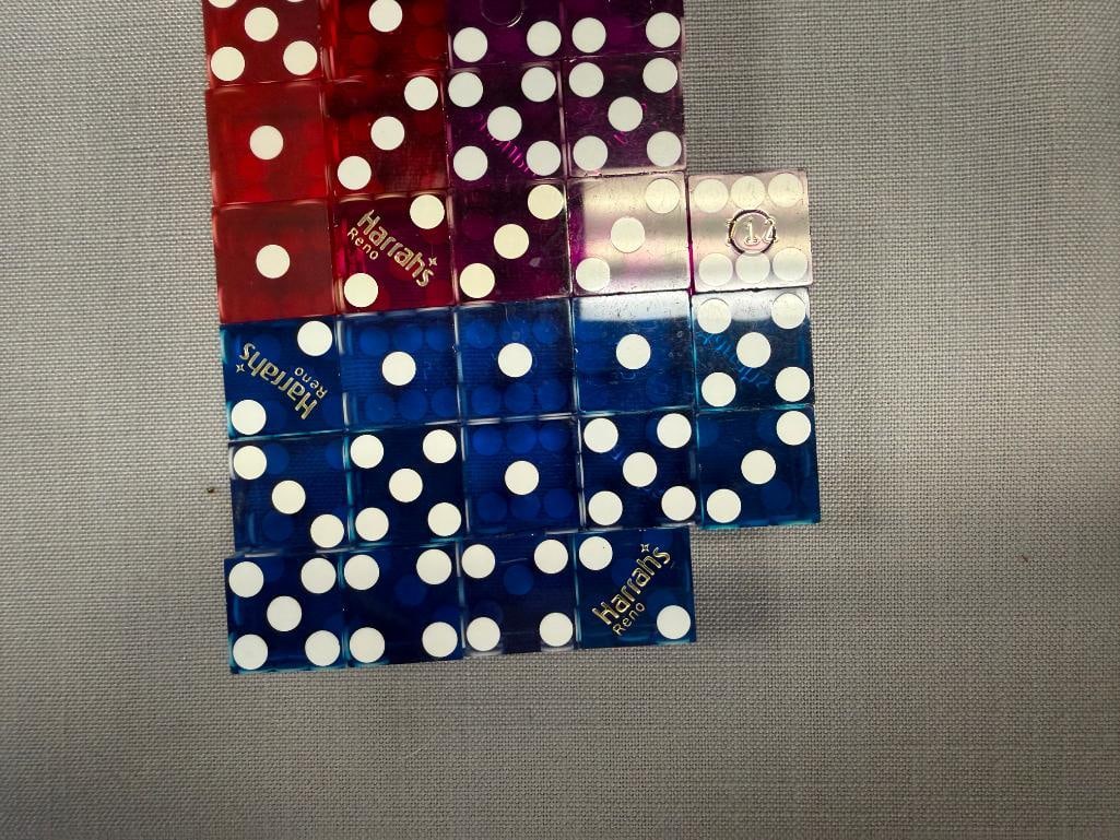 VINTAGE HARRAH'S CASINO LUCITE DICE IN BLUE, PURPLE, AND RED - 3