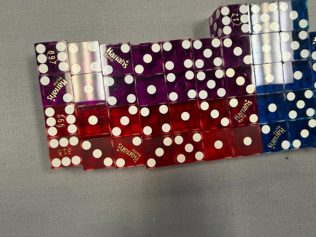 VINTAGE HARRAH'S CASINO LUCITE DICE IN BLUE, PURPLE, AND RED - 4