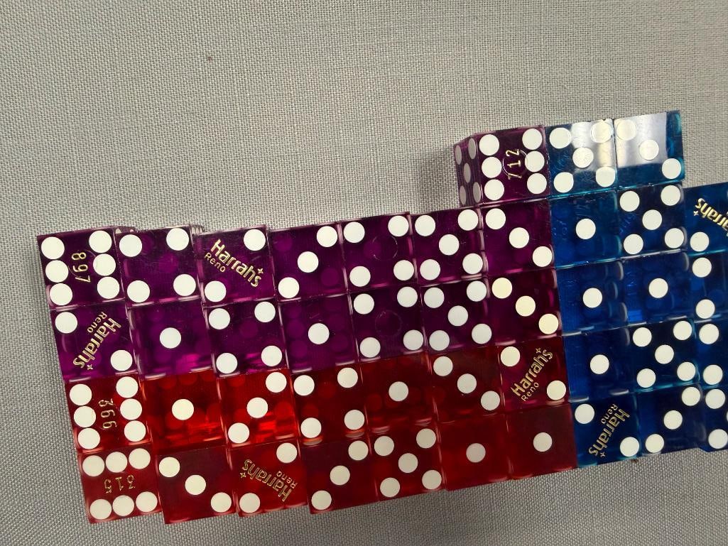 VINTAGE HARRAH'S CASINO LUCITE DICE IN BLUE, PURPLE, AND RED - 5