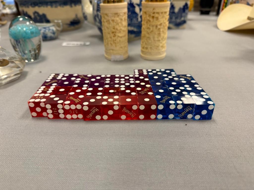 VINTAGE HARRAH'S CASINO LUCITE DICE IN BLUE, PURPLE, AND RED - 6