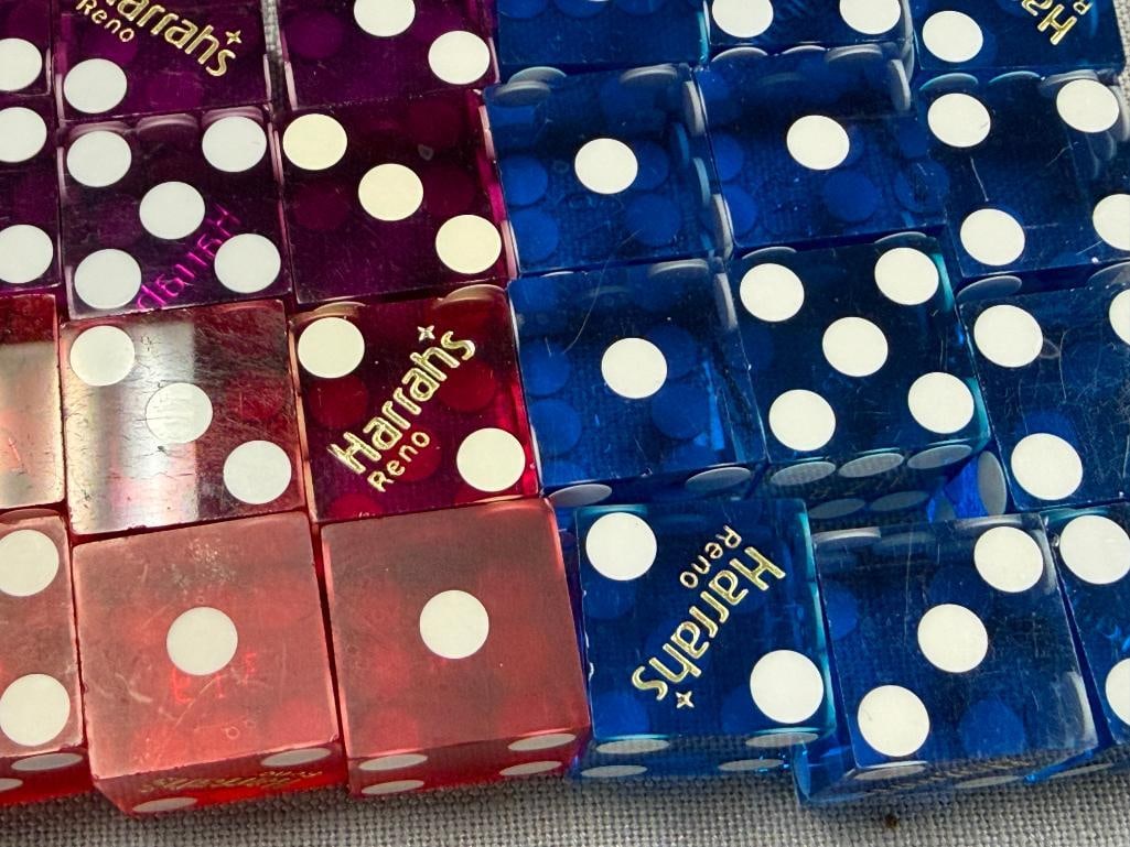 VINTAGE HARRAH'S CASINO LUCITE DICE IN BLUE, PURPLE, AND RED - 7