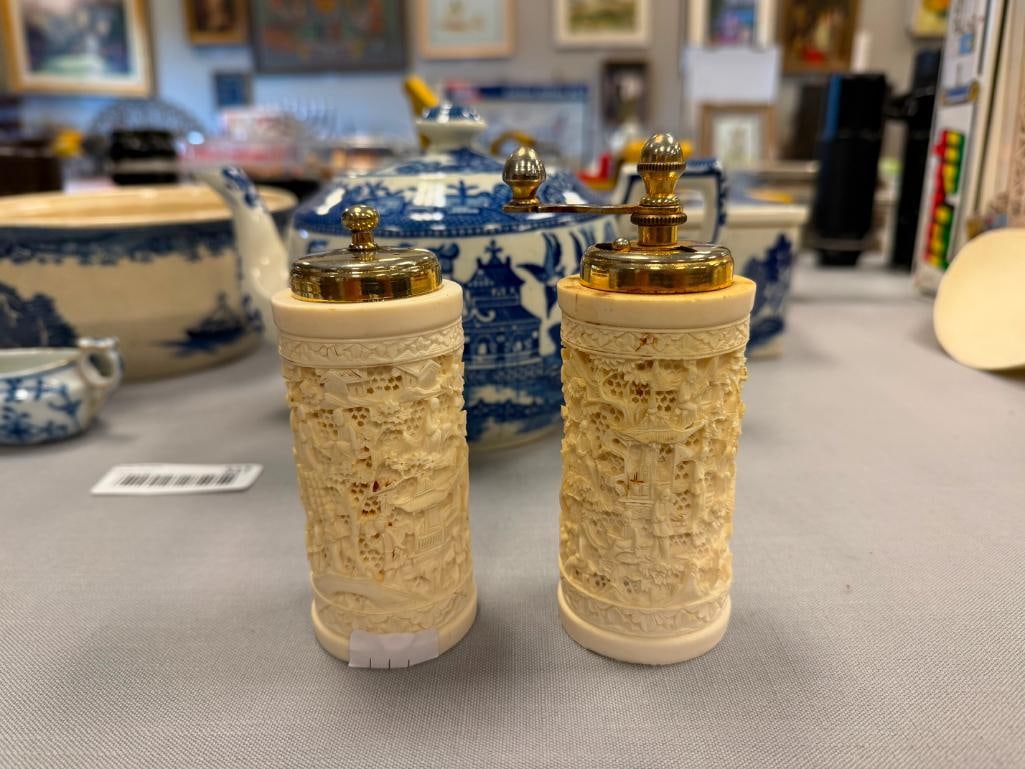 VINTAGE FAUX IVORY INTRICATELY CARVED RESIN CHINESE INSPIRED SALT SHAKER AND PEPPER GRINDER - 2