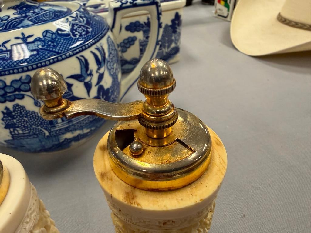 VINTAGE FAUX IVORY INTRICATELY CARVED RESIN CHINESE INSPIRED SALT SHAKER AND PEPPER GRINDER - 3