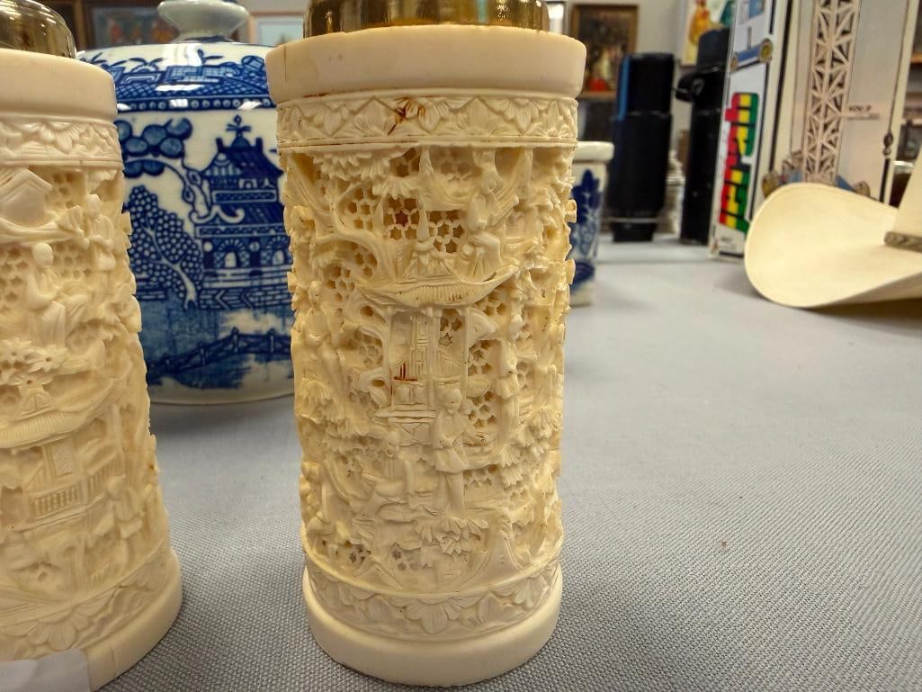 VINTAGE FAUX IVORY INTRICATELY CARVED RESIN CHINESE INSPIRED SALT SHAKER AND PEPPER GRINDER - 4