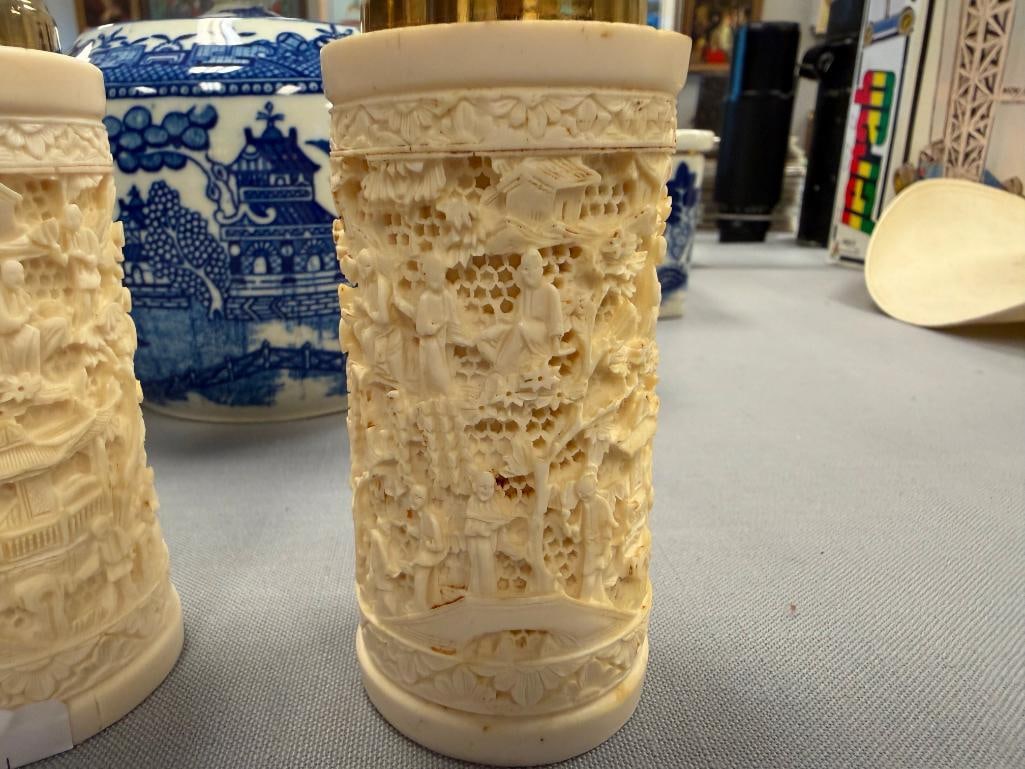 VINTAGE FAUX IVORY INTRICATELY CARVED RESIN CHINESE INSPIRED SALT SHAKER AND PEPPER GRINDER - 5