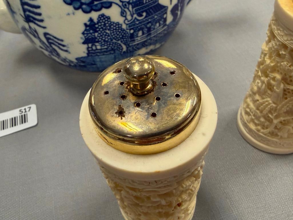 VINTAGE FAUX IVORY INTRICATELY CARVED RESIN CHINESE INSPIRED SALT SHAKER AND PEPPER GRINDER - 8