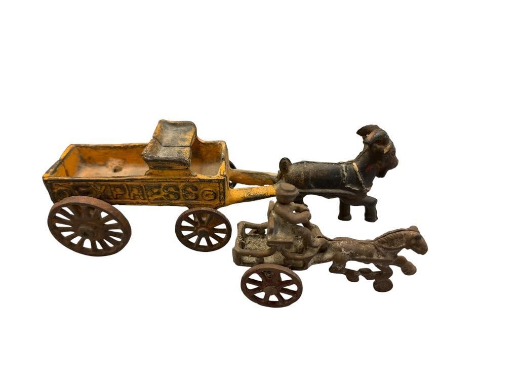 VINTAGE HORSE-DRAWN EXPRESS WAGON LIKELY DENT OR KENTON AND HORSE-DRAWN BUGGY POSSIBLY HUBLEY ARC...: EARLY 20TH CENTURY CAST IRON TOYS, MINIATURE TOY IS COMPLETE, BUT SHOWS HEAVY PAINT WEAR, EXPRESS WAGON IS MISSING COACHMAN, BUT STILL SHOWS SOME OF THE ORIGINAL PAINT 4" AND 8" L