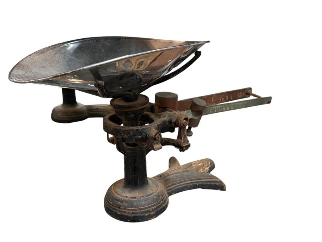 ANTIQUE FAIRBANKS 16OZ INDUSTRIAL CAST IRON SCALE: INCLUDES CHROME FINISH BOWL FOR DRY GOODS, HAS STATE OF CALIFORNIA AGRICULTURE LABEL 16" L 