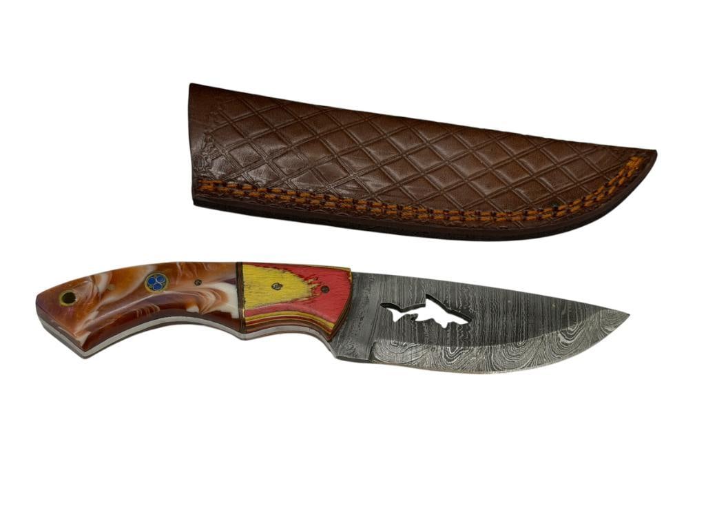 DAMASCUS STEEL FIXED BLADE KNIFE FEATURING FULL TANG AND SHARK SILHOUETTE CUTOUT IN BLADE: FEATURES A MULTI-COLORED RESIN AND DYED WOOD HANDLE, DROP POINT BLADE, INCLUDES LEATHER SHEATH 4" BLADE, 8" TOTAL LENGTH
