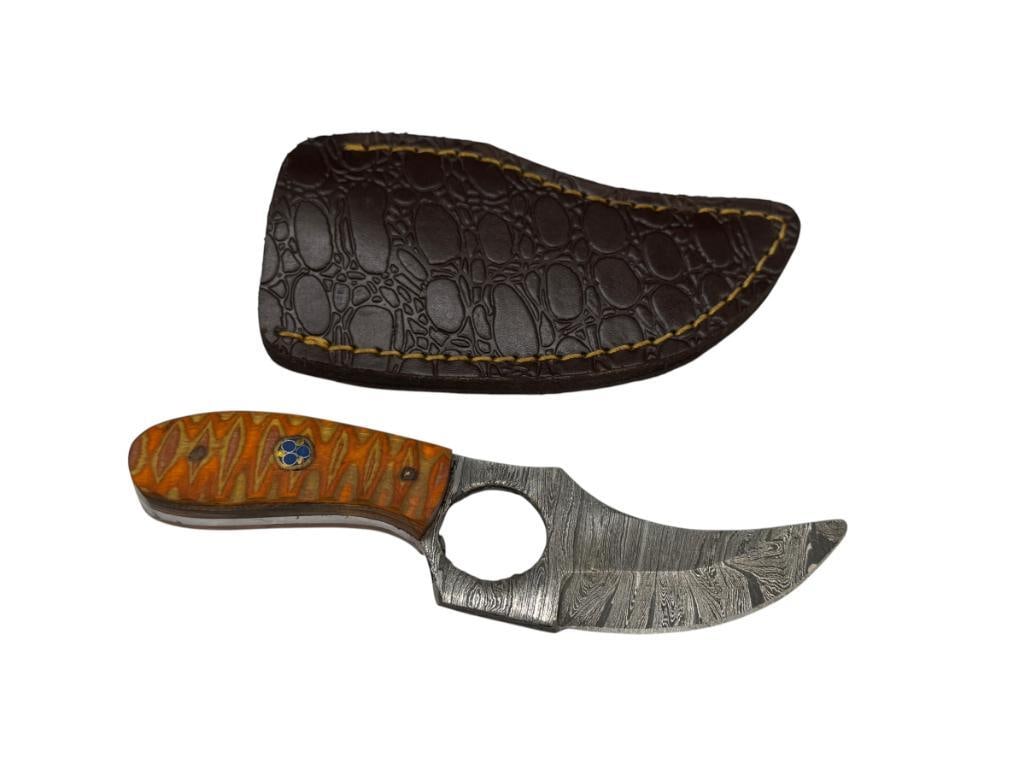DAMASCUS STEEL FIXED BLADE SKINNER KNIFE WITH FINGER HOLE FOR GRIP (1 of 6)