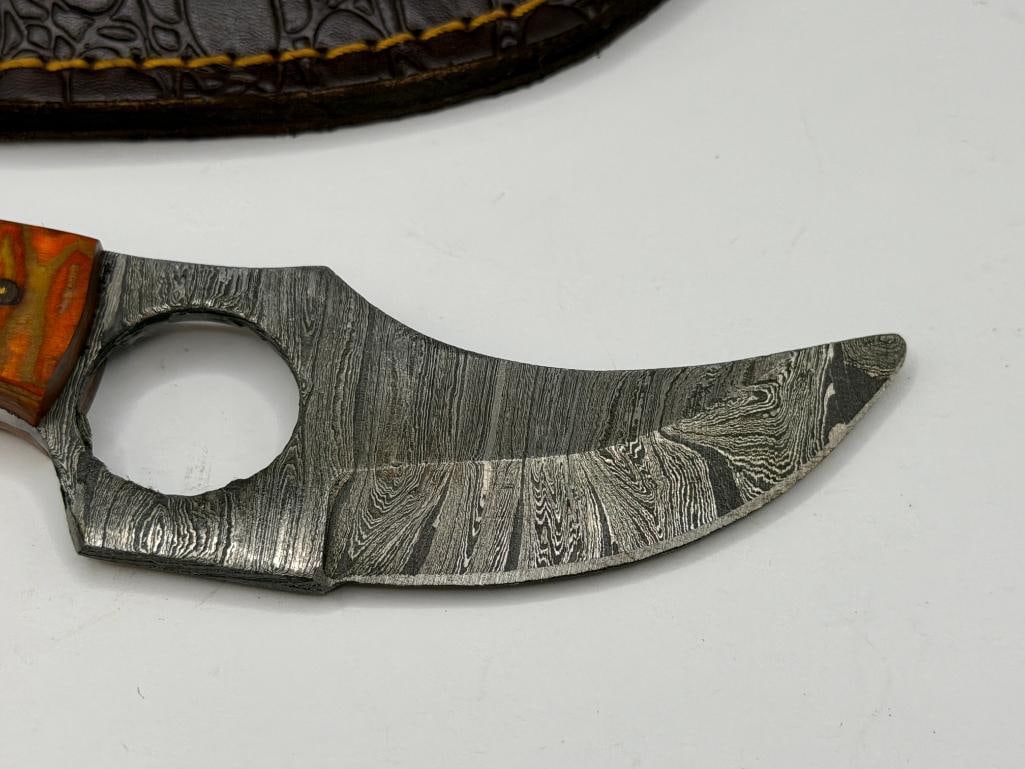 DAMASCUS STEEL FIXED BLADE SKINNER KNIFE WITH FINGER HOLE FOR GRIP - 2