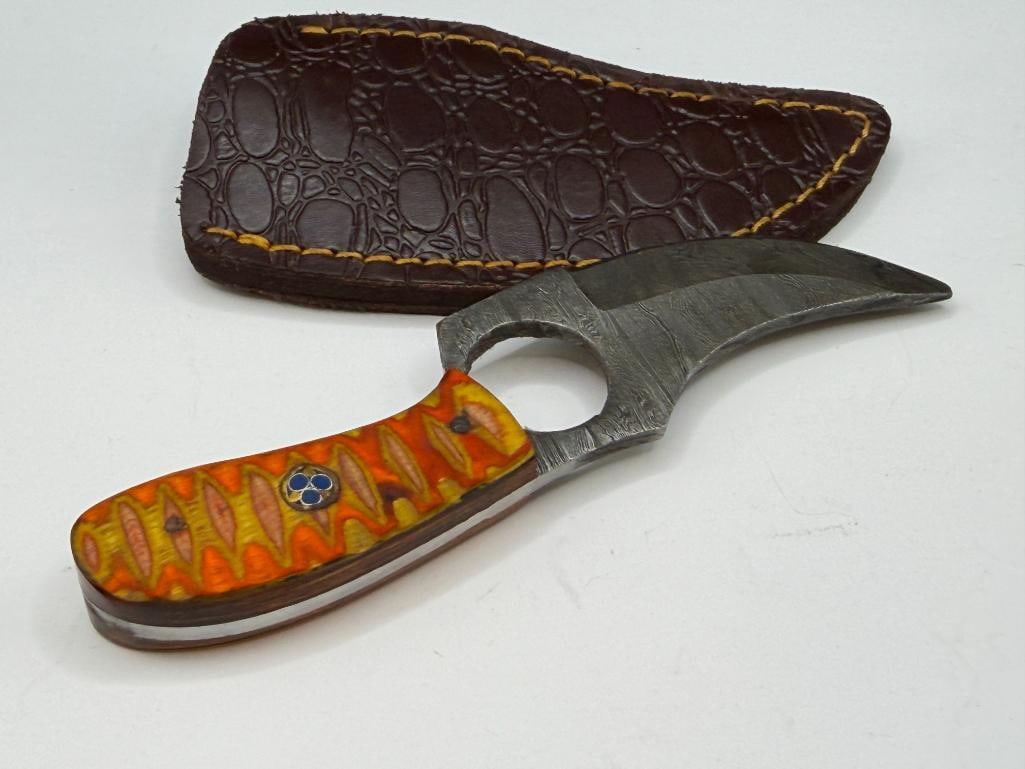 DAMASCUS STEEL FIXED BLADE SKINNER KNIFE WITH FINGER HOLE FOR GRIP - 4