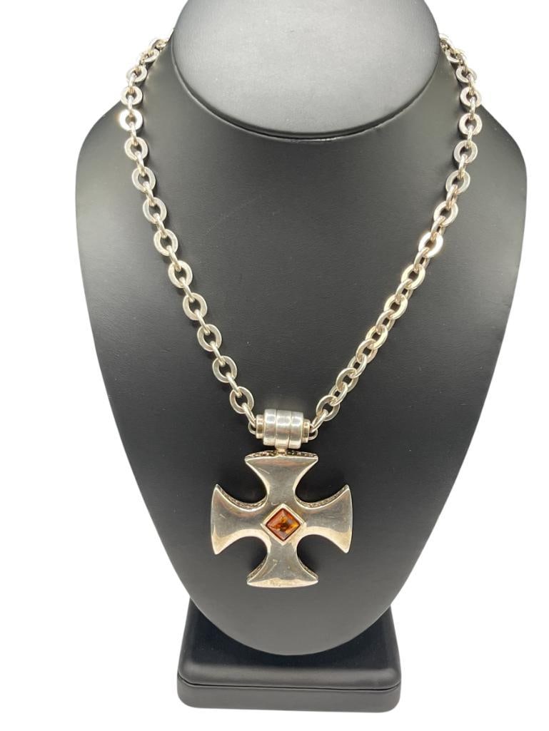 VINTAGE STERLING SILVER AMBER CELTIC CROSS PENDANT NECKLACE FEATURING PIERCED DESIGN ON CROSS: CHAIN LINK NECKLACE, HALLMARKED BY DESIGNER "ESPO 916", MAGNETIC CLASP AT BAIL OF PENDANT 16" NECKLACE, 2 3/8" CROSS, 66.30 GRAMS 