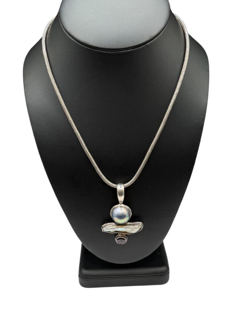 STERLING SILVER DESIGNER SIGNED BAROQUE PEARL, ROUND PEARL, AND AMETHYST PENDANT NECKLACE: ON STERLING SILVER BYZANTINE LINK NECKLACE 17" NECKLACE, 2 1/8" PENDANT, 29.39 GRAMS