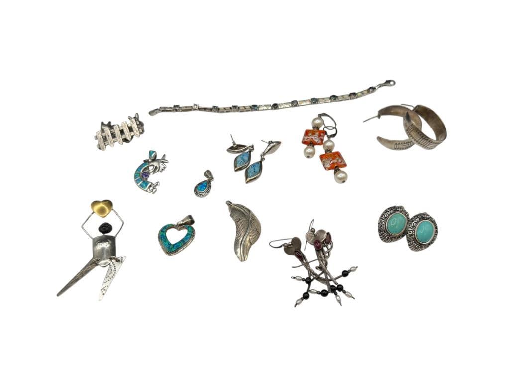ASSORTED STERLING SILVER JEWELRY INCLUDING OPALITE DESIGNS, EARRINGS, BRACELET, AND MORE: ALSO INCLUDES SOME SIGNED PIECES 103.22 GRAMS