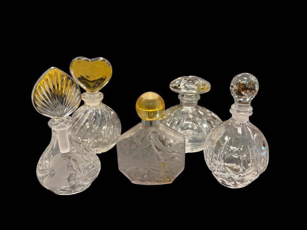 FIVE CRYTAL AND GLASS FRAGRANCE / PERFUME BOTTLES WITH STOPPER (1 of 20)