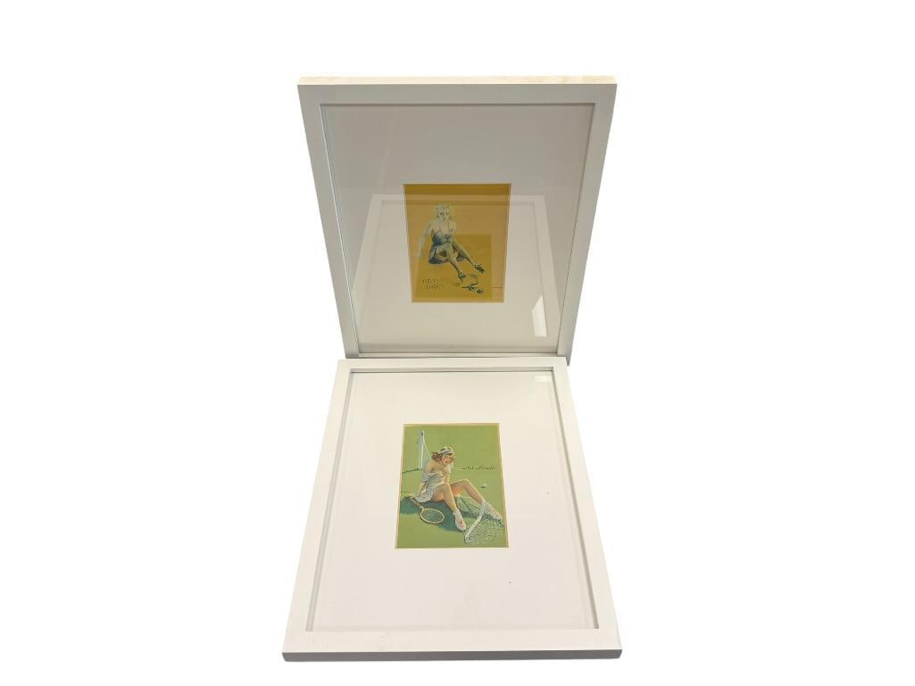 GIL ELVGREN AMERICAN GLAMOUR ILLUSTRATOR PIN UP PRINTS NET RERSULTS AND FORCED LANDING: GIL ELVGREN (1914-1980) WAS AN AMERICAN ILLUSTRATOR OF PINUP PAINTINGS, FRAMED 12" X 15" FRAMES