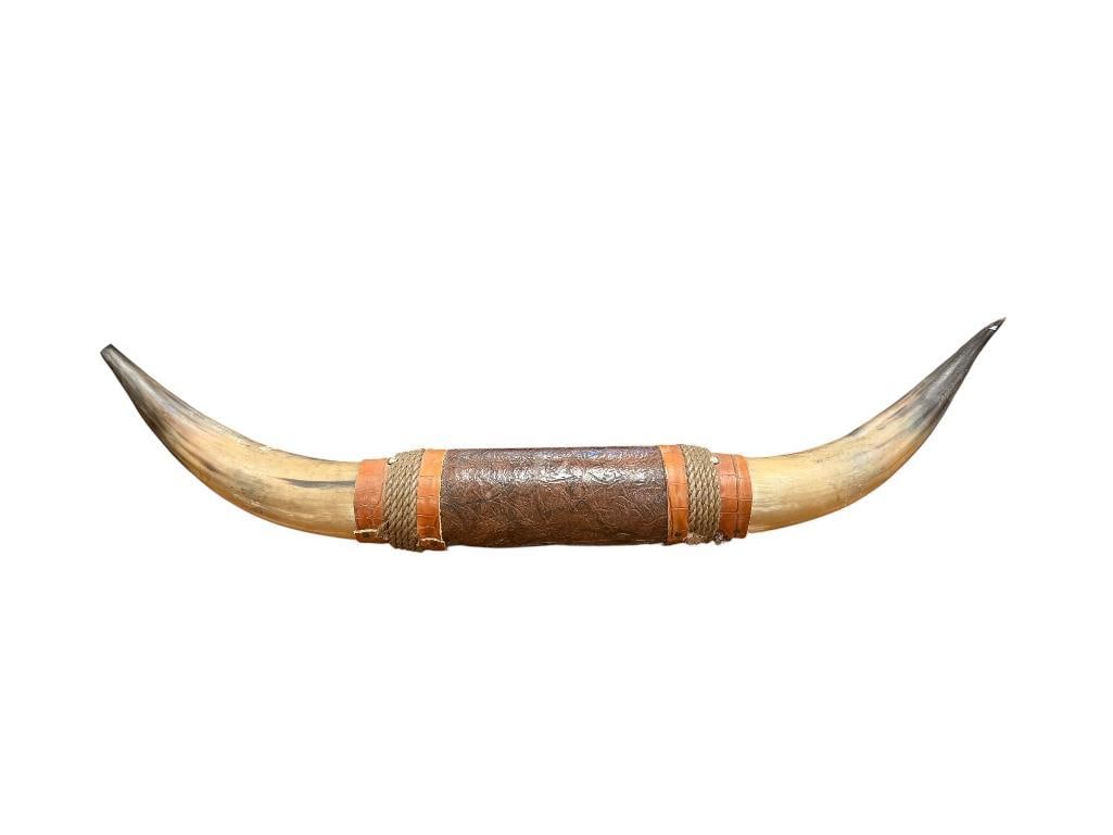 TOOLED LEATHER WRAPPED STEER HORNS: 38" L