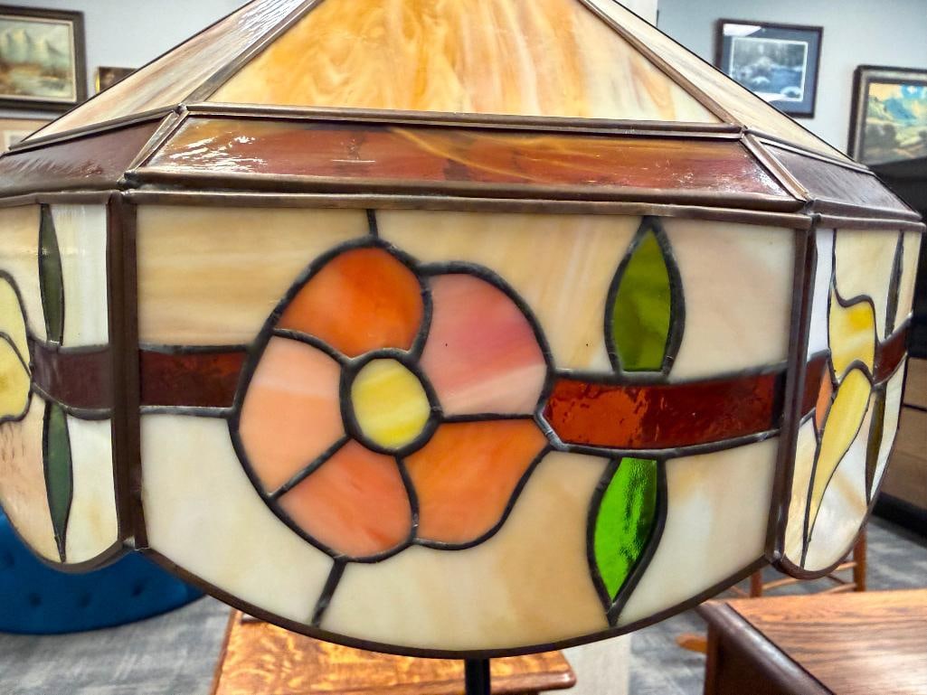 ANTIQUE TREADLE CAST IRON FLOOR LAMP WITH FLORAL STAINED GLASS SHADE - 10