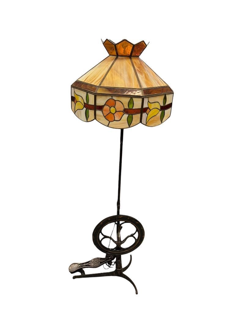 ANTIQUE TREADLE CAST IRON FLOOR LAMP WITH FLORAL STAINED GLASS SHADE: BLACK FINISH CAST IRON LAMP WITH GILT DESIGN, TESTED + 56" H