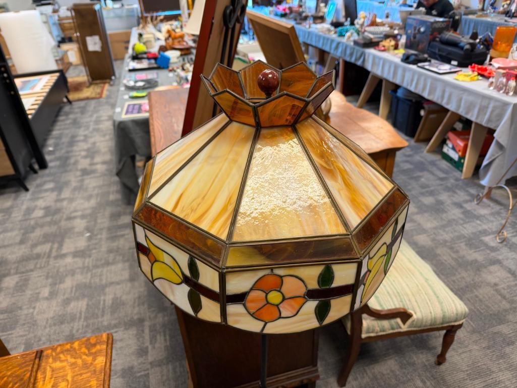 ANTIQUE TREADLE CAST IRON FLOOR LAMP WITH FLORAL STAINED GLASS SHADE - 6