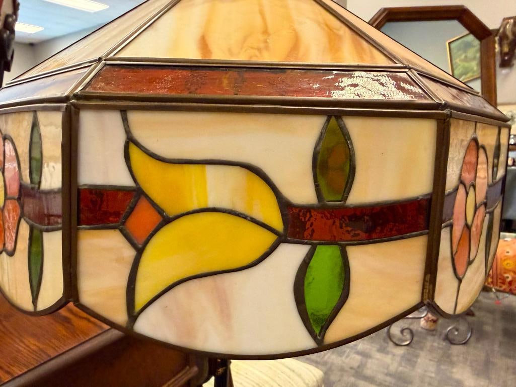 ANTIQUE TREADLE CAST IRON FLOOR LAMP WITH FLORAL STAINED GLASS SHADE - 8