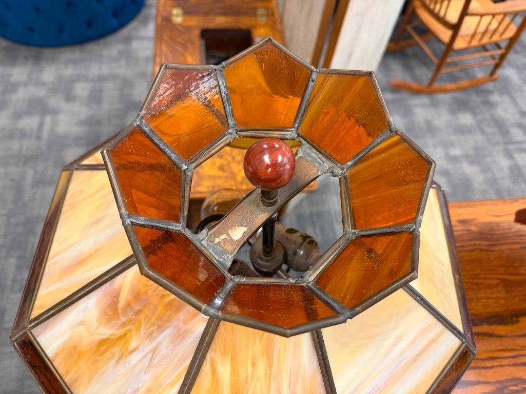 ANTIQUE TREADLE CAST IRON FLOOR LAMP WITH FLORAL STAINED GLASS SHADE - 9