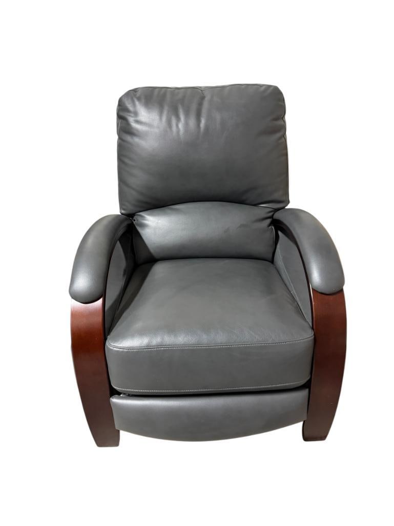 GENUINE LEATHER GRAY RECLINER WITH DARK FINISH WOOD CURVED ARM RESTS: IN LIKE-NEW CONDITION 30" X 30" X 40"
