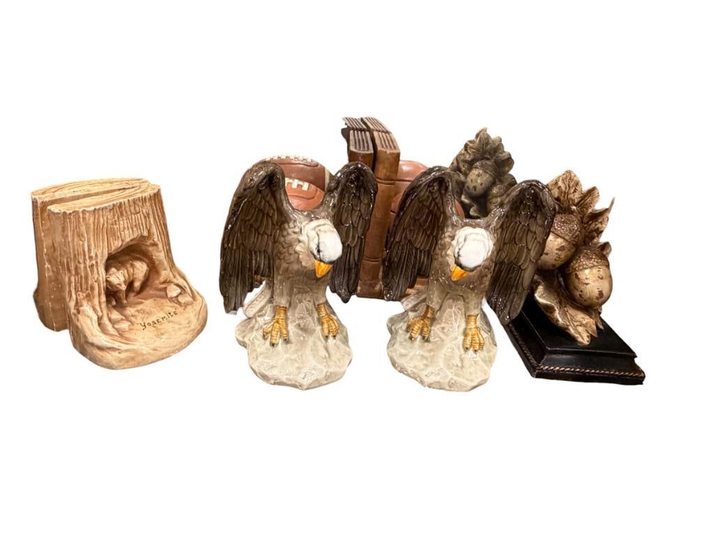 FOUR PAIRS OF BOOKENDS YOSEMITE BEAR CHALKWARE BOOKENDS, EAGLE, ACORN AND LEAF AND FOOTBALL (1 of 9)