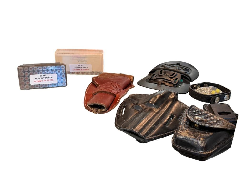 LEATHER HOLSTERS AND 38 SPECIAL AND 40 CAL DUMMY ROUNDS (1 of 10)