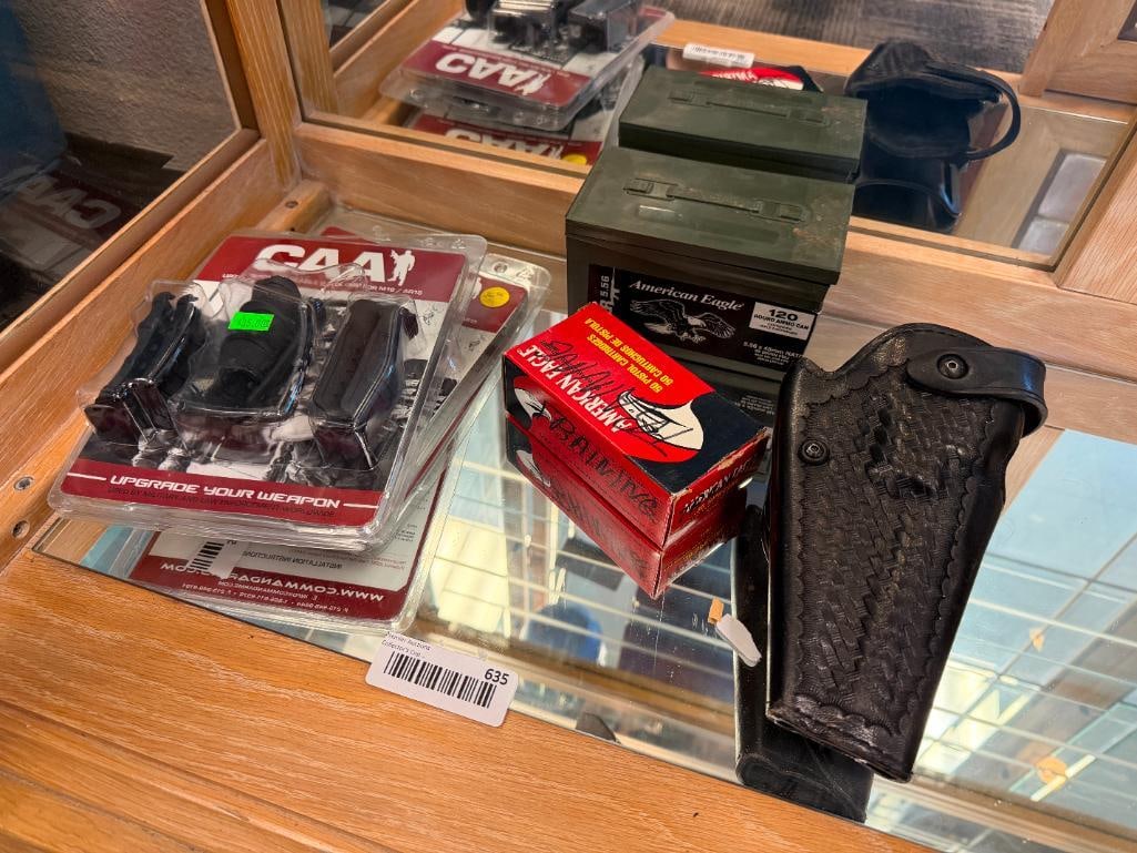 CAA M16 AR15 UPG16 INTERCHANGEABLE PISTOL GRIPS, BASKET WEAVE LEATHER HOLSTER, 38 SPCL DUMMY ROUNDS: TWO CAA PISTOL GRIPS NEW IN THE PACKAGE, NYLON SLING, PLASTIC AMMO BOX