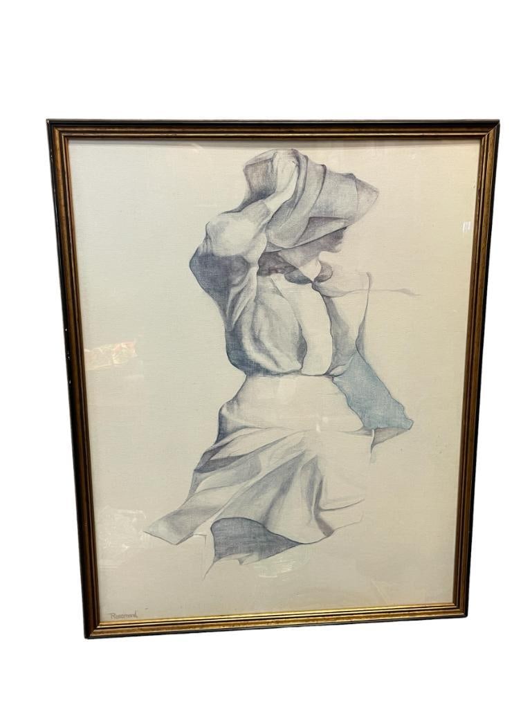 CHRISTINE ROSAMOND PRINT TITLED WINBLOWN: CHRISTINE ROSAMOND (1947-1994) WAS A PROMINENT ARTIST IN THE 1970'S, ART DEPICTS WOMAN TRYING TO HOLD HER HAT DOWN DUE TO HARSH WINDS, PLATE SIGNED, FRAMED 23" X 29 1/2" FRAME