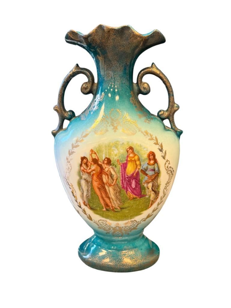 ANTIQUE VICTORIA CARLSBAD AUSTRIA PORCELAIN HAND PAINTED VASE WITH GILT ACCENTS: ROUND RUFFLED RIM VASE WITH IMAGE OF FIVE WOMAN, MARKED ON THE BOTTOM, NO DAMAGE OR REPAIRS 9 3/4" H