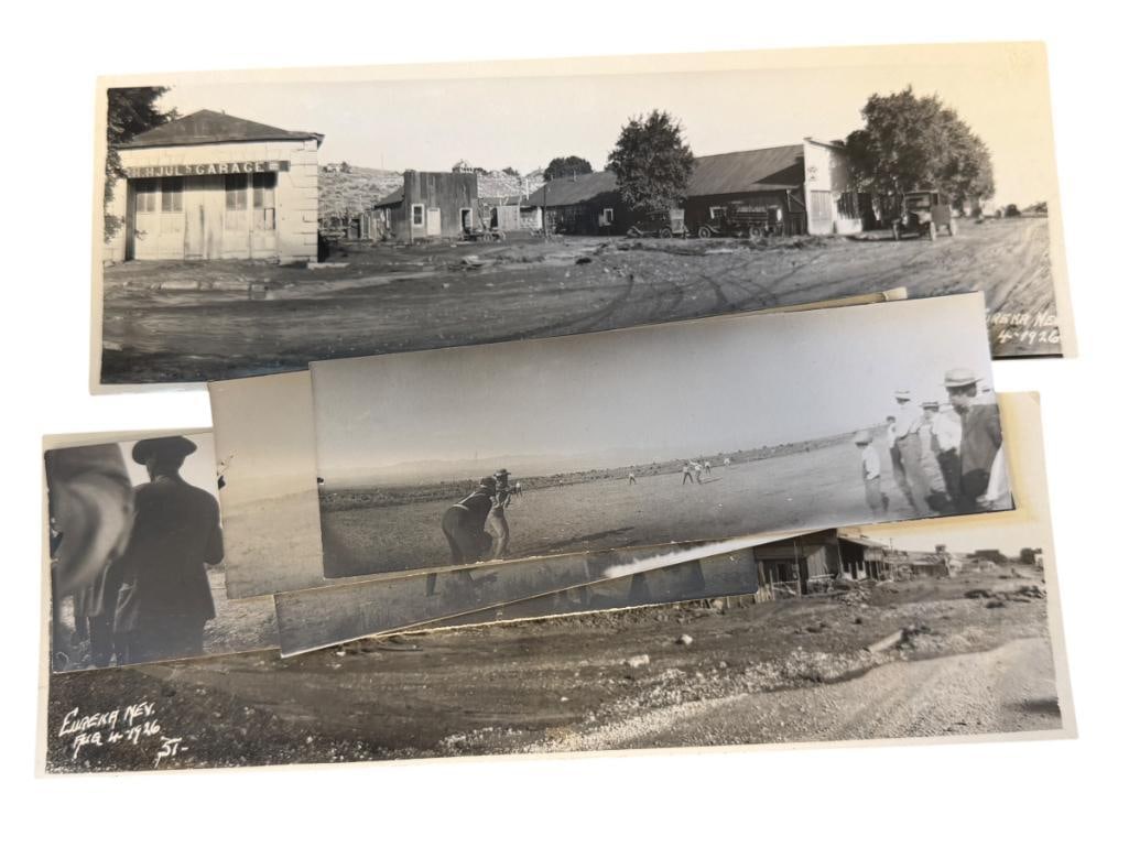 1926 EUREKA, NV BLACK AND WHITE PHOTOGRAPHS: TOTAL OF SIX WIDE ANGLE PHOTOGRAPHS, PHOTOS DEPICT PEOPLE PLAYING BASEBALL, TOWN SCENES, TWO ARE DATED IN THE LOWER CORNERS APRIL, 19, 26 7" X 2" AND 10" X 3"