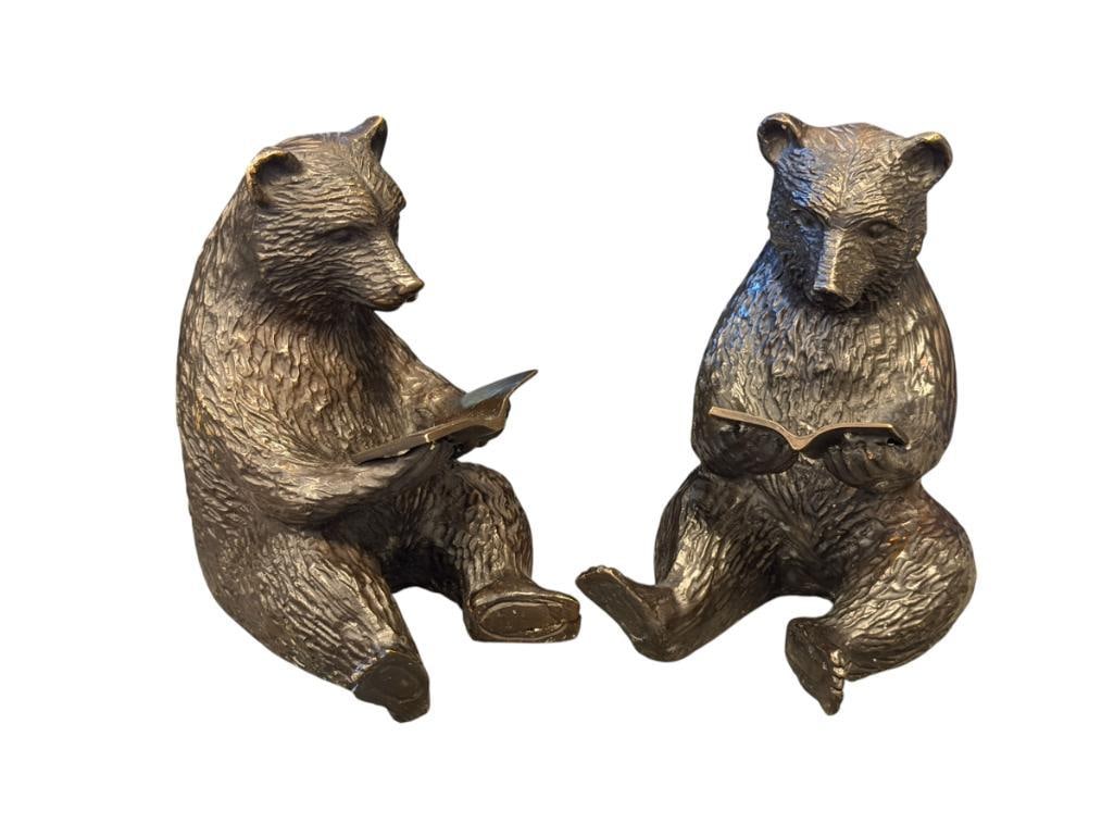 SF BAY TRADING PAIR OF BRONZE TONED METAL READING BEAR BOOKENDS: FOAM LINED BOTTOM 4 7/8" H