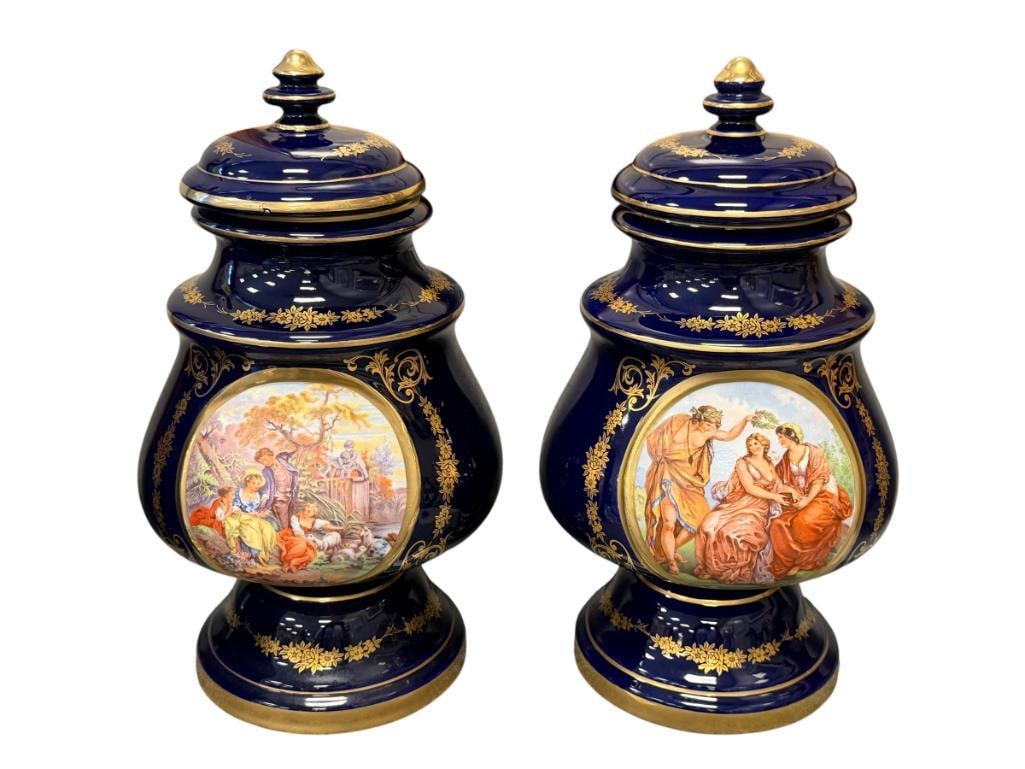 KERAMOS CAPODIMONTE ITALIAN PORCELAIN VASES IN COBALT WITH GILT ACCENTS AND ROAMNTIC SCENES: BOTH ARE GILT IN 24K GOLD, BOTH FEATURE ROMANTIC SCENES, BOTH MARKED ON THE BOTTOM, MADE IN ITALY, NO DAMAGE OR REPAIRS 13" H