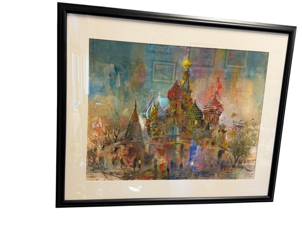JACK LAYCOX CALIFORNIA BORN ARTIST ORIGINAL WATERCOLOR ON PAPER PAINTING ST. BASIL'S CATHEDRAL: JACK LAYCOX (1921-1984) CALIFORNIA BORN ARTIST WHO DID COMMERCIAL ART FOR DONALD ART COMPANY, ART DEPICTS SCENE OF THE CHURCH OF RUSSIA ST. BASIL'S CATHEDRAL IN MOSCOW, RUSSIA, SIGNED LOWER RIGHT