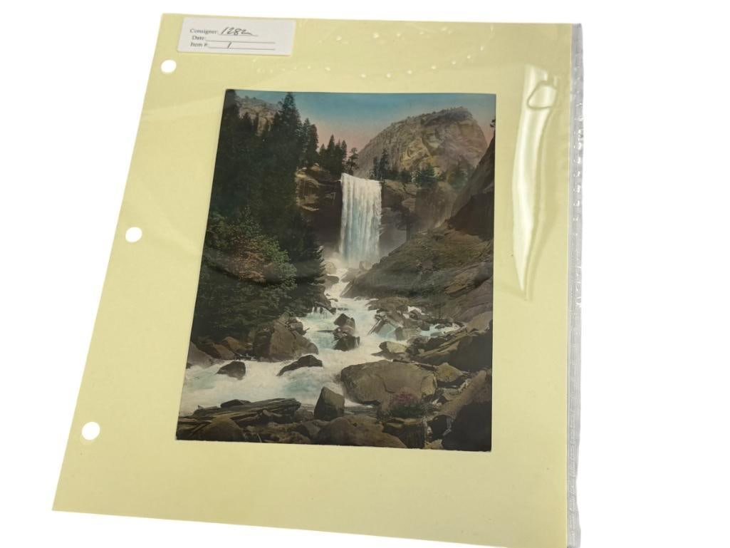 ANTIQUE HAND COLORED PHOTOGRAPH OF VERNAL FALLS IN YOSEMITE NATL. PARK: SLIGHT CREASE IN THE LOWER RIGHT CORNER 6" X 8" 