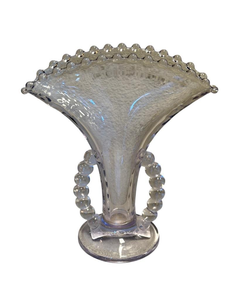 VINTAGE IMPERIAL GLASS CO. CANDELWICK SUN-PURPLED FAN VASE CIRCA 1936: ROUND BASE WITH BEADED HANDLES, NO CHIPS OR DAMAGE 8 1/4" H