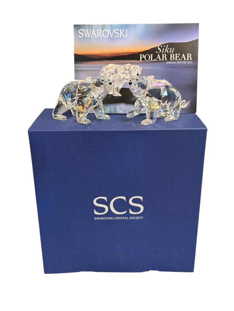 SWAROVSKI CRYSTAL SCS ANNUAL 2011 POLAR BEAR CUBS SIKU CRYSTAL MOONLIGHT NO. 1079156: IN MINT CONDITION WITH ORIGINAL BOX, NO DAMAGE OR REPAIR 2 1/2" H