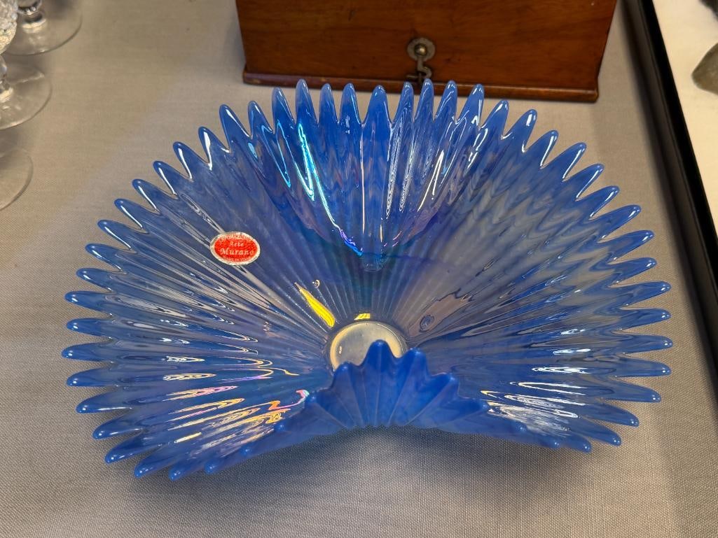 LAVORAZIONE ARTE MURANO BLUE IRIDESCENT SPIKED SUNBURST BOWL MADE IN ITALY - 2