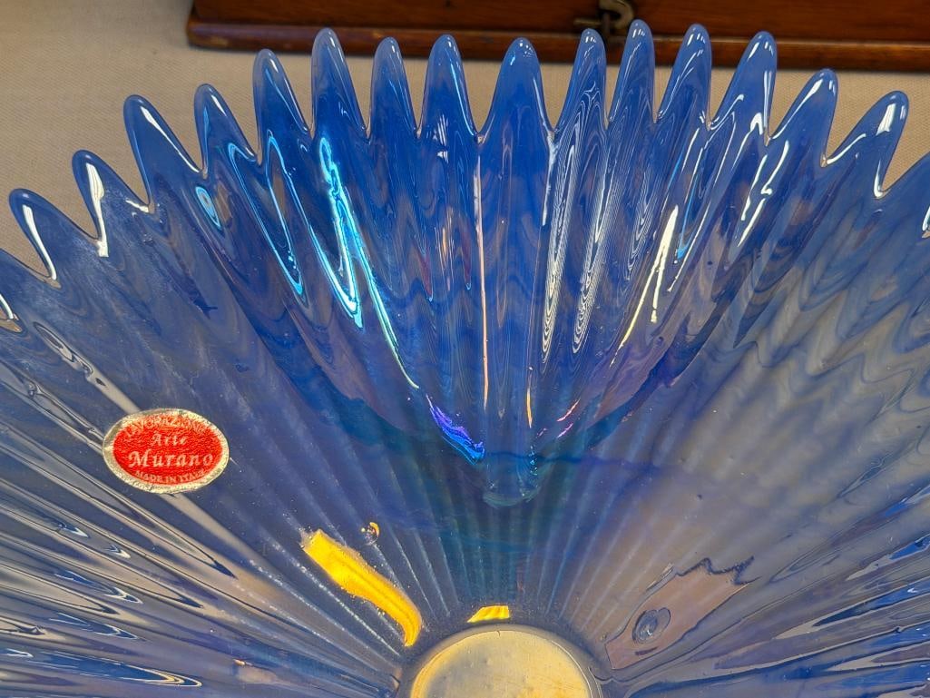 LAVORAZIONE ARTE MURANO BLUE IRIDESCENT SPIKED SUNBURST BOWL MADE IN ITALY - 3