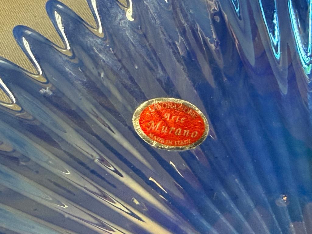 LAVORAZIONE ARTE MURANO BLUE IRIDESCENT SPIKED SUNBURST BOWL MADE IN ITALY - 5
