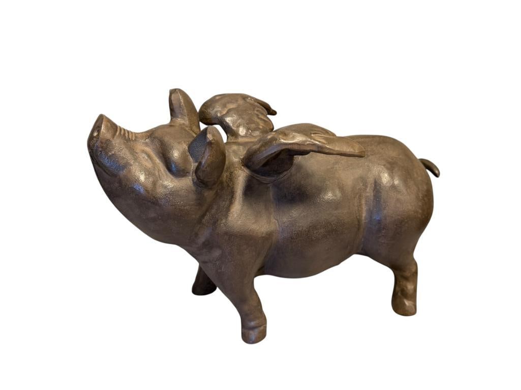 WHEN PIGS FLY WHIMSICAL CAST IRON PIG FIGURINE / DOOR STOP: CAST IRON PIG FIGURINE WITH WINGS, IN BROWN PATINA FINISH 12 3/4" L, 8" H