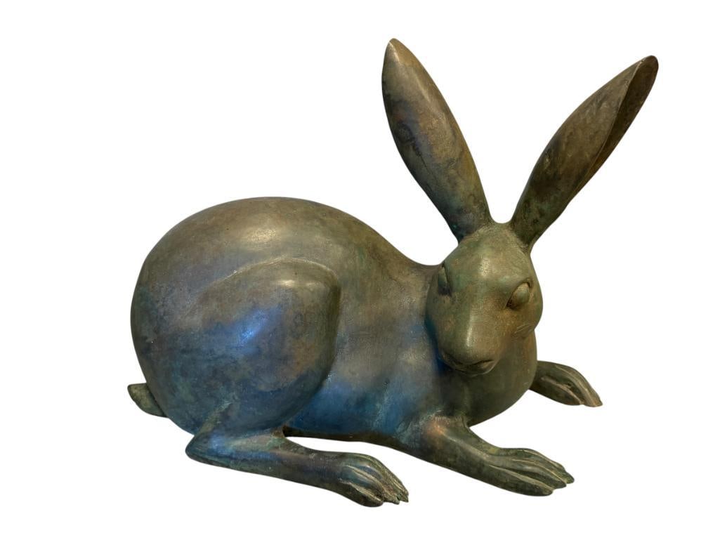 LARGE PATINATED BRASS BUNNY FIGURINE: FEATURES A HASH MARK ON THE BOTTOM 13 1/2" L, 10 1/2" H