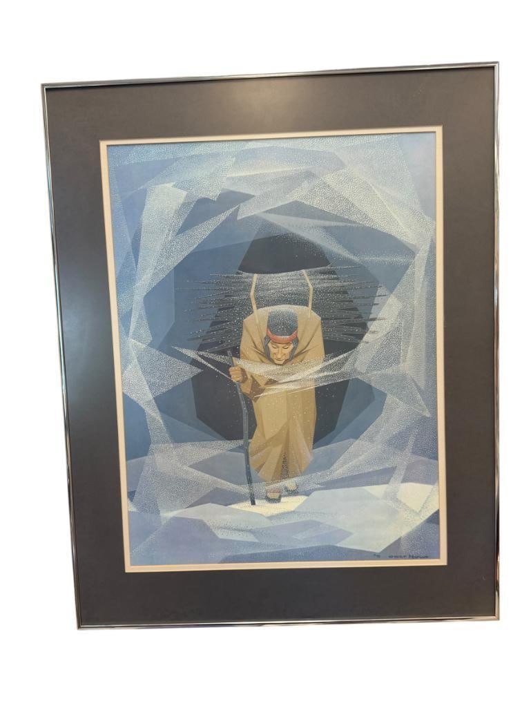 OSCAR HOWE RENOWNED YANKTONAI ARTIST PRINT TITLED THE WOOD GATHERER: OSCAR HOWE (1915-1983) WAS A WELL KNOWN YANKTONAI DAKOTA ARTIST KNOWN FOR HIS CASEIN AND TEMPERA PAINTINGS, ART DEPICTS A FIGURE IN A HARSH SNOWSTORM CARRYING BUNDLE OF STICKS, PLATE SIGNED LOWER