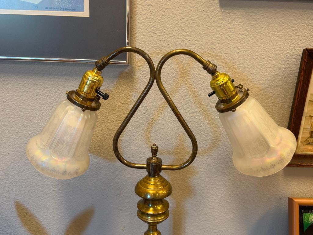 ART NOUVEAU STYLE BRASS DOUBLE-ARM TABLE LAMP WITH ACID ETCHED IRIDESCENT SHADES MADE IN GERMANY - 2