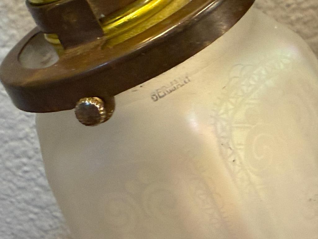 ART NOUVEAU STYLE BRASS DOUBLE-ARM TABLE LAMP WITH ACID ETCHED IRIDESCENT SHADES MADE IN GERMANY - 5