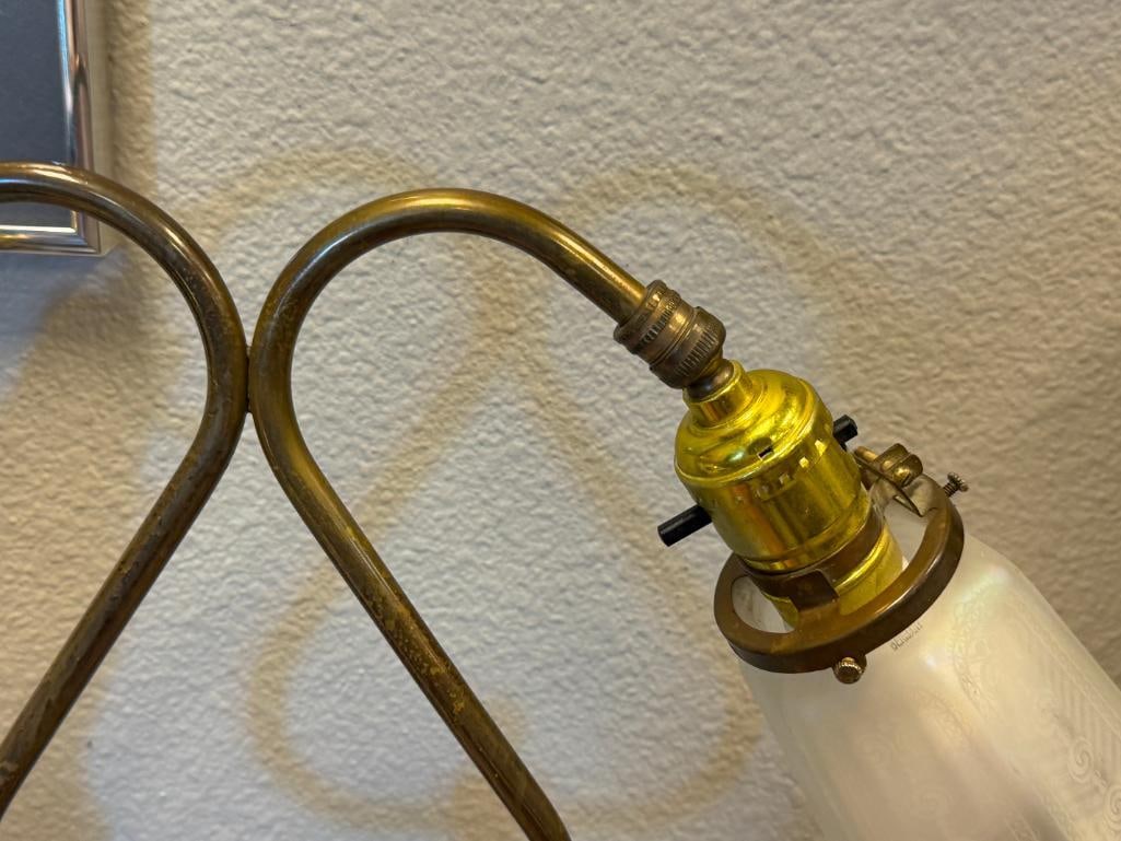 ART NOUVEAU STYLE BRASS DOUBLE-ARM TABLE LAMP WITH ACID ETCHED IRIDESCENT SHADES MADE IN GERMANY - 6