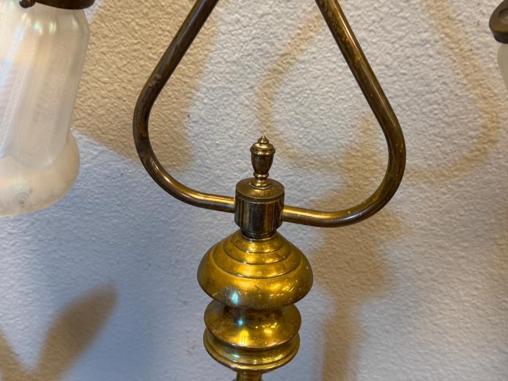 ART NOUVEAU STYLE BRASS DOUBLE-ARM TABLE LAMP WITH ACID ETCHED IRIDESCENT SHADES MADE IN GERMANY - 7